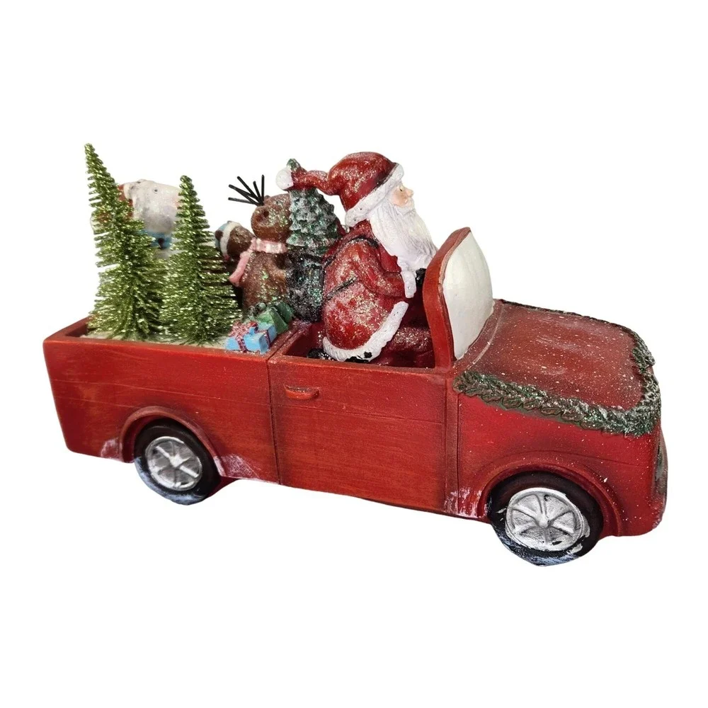 Santa Claus in a Red Truck Christmas Bottle Brush‎ Trees Folkart Distressed READ